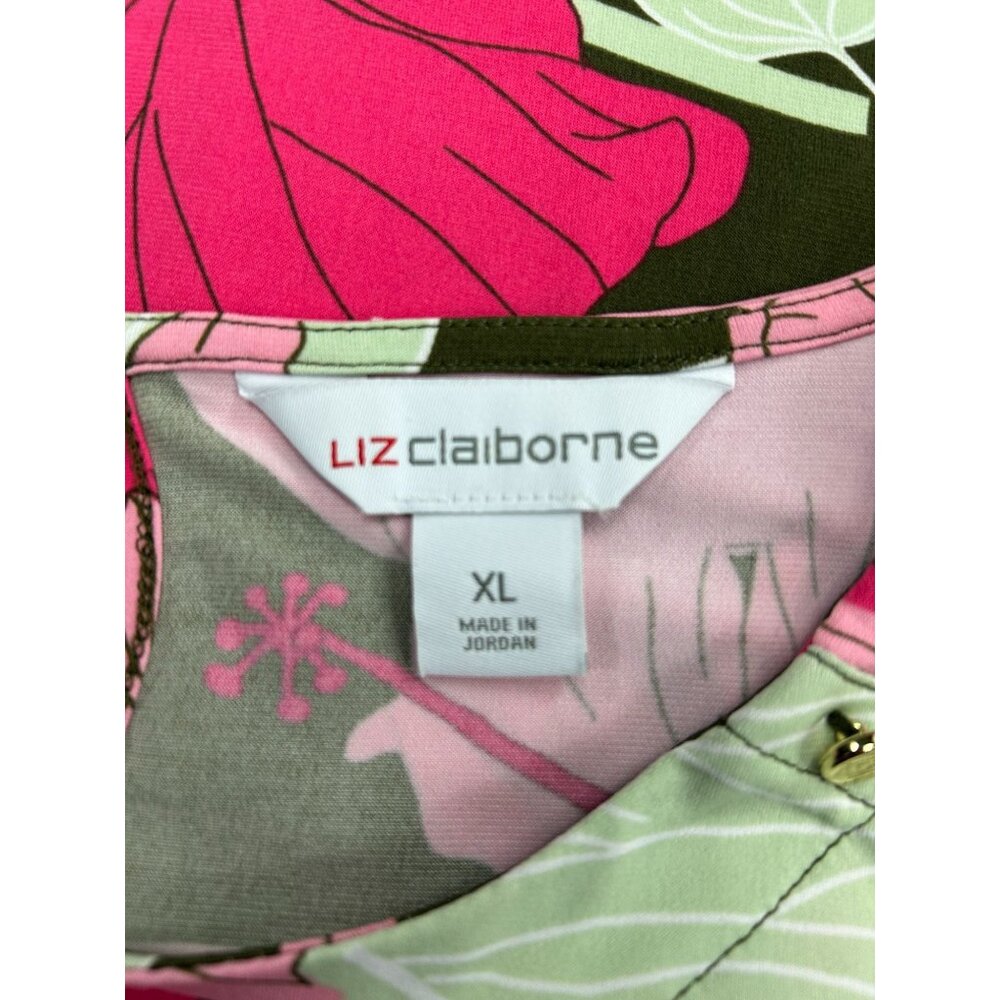 Liz Claiborne Womens XL Pink & Green Floral Print Top Short Sleeves Keyhole Back - Picture 4 of 11